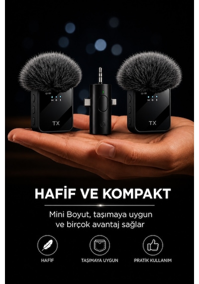 Sprange 3ın1 Kablosuz Yaka Mikrofonu Type-c Lightning Ve 3.5mm Aux Çift Mikrofonlu Dijital Ekranlı Telefon Kamera Tablet Uyumlu
