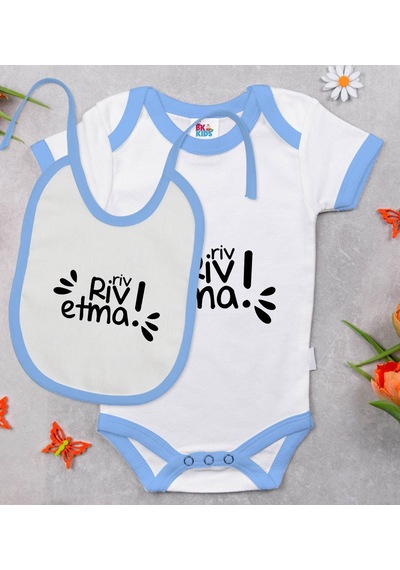 Bk Kids Riv Riv Etma Tasarımlı Mavi Bebek Body Zıbın Ve Mama Önlü Çok Renkli