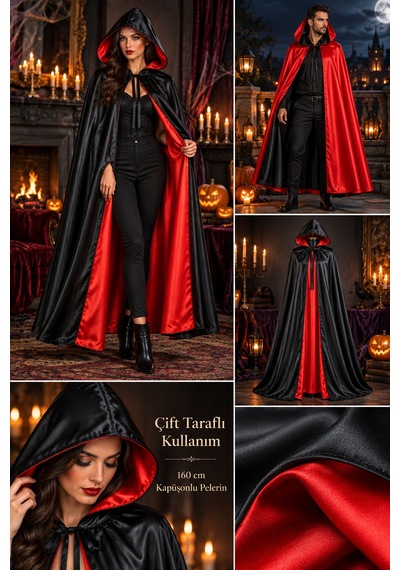Halloween Çift Taraflı Siyah Kırmızı Kapüşonlu Cadı Pelerini 160 Cm Cadılar Bayramı İçin Kostüm