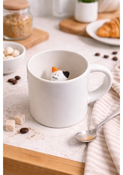 Sürpriz Kedi Figürlü Seramik Kahve Kupası Gizli Tasarım Mug Bardak Beyaz