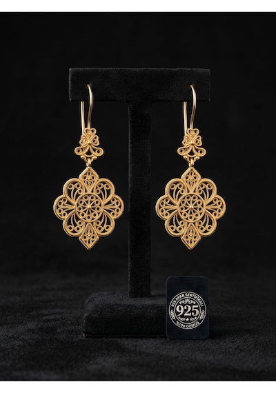 925 Ayar Gümüş Geleneksel Telkari Gold Dantel İşlemeli Sallantılı Kanca Küpe