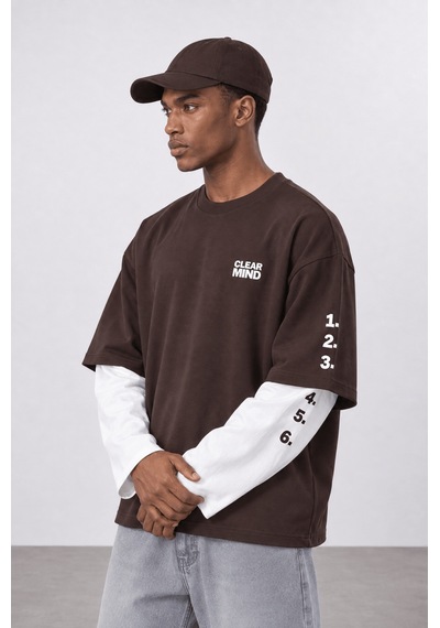 Respire Erkek Double Sleeve Oversize Sweatshirt Kahve
