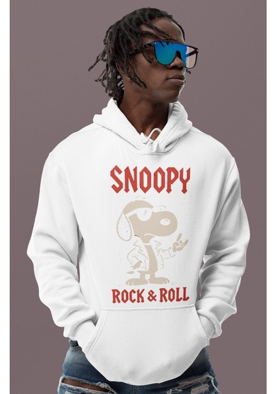 Sevbano Snoopy Rock And Roll Baskılı Unisex Oversize Çizgi Film Karakter beyaz
