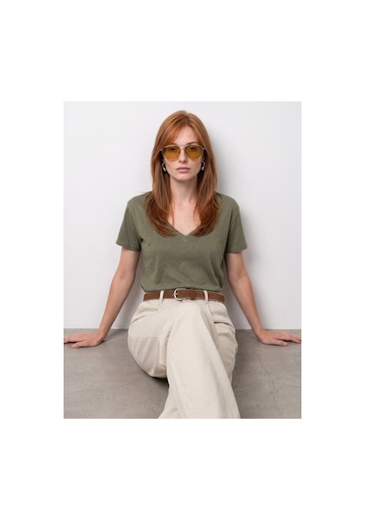 Dilvin 32847 Lyocell Karışımlı V Yaka T-shirt-haki-16458