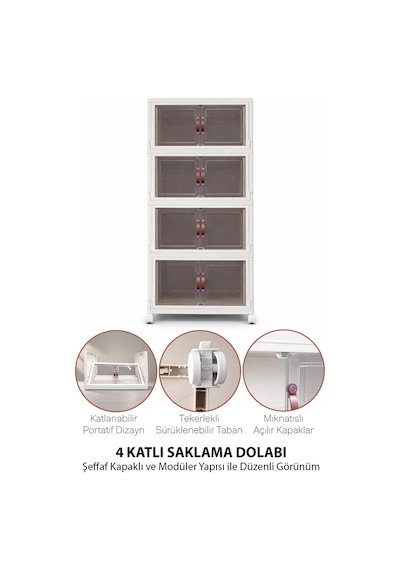 4 Katlı Katlanabilir Modüler Saklama Kutusu Şeffaf Kapaklı Çok Amaçlı Düzenleyici Portatif Dolap Beyaz