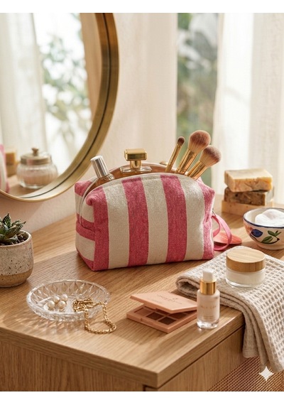 Faralyalife Çizgili Fermuarlı Taşıma Kulplu Makyaj Çantası 20x20 Cm %70 Pamuk %30 Polyester Kozmetik Kadın Makyaj Çantası