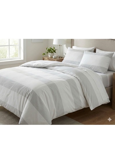 Maki Home %100 Pamuklu Soho Gri Çizgili 200x220+2 50x70 Çift Kişilik Nevresim Ve Yastık Kılıfı Beyaz Gri