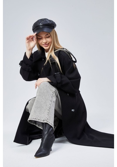 Kuşaklı Oversize Kaşe Kaban Siyah