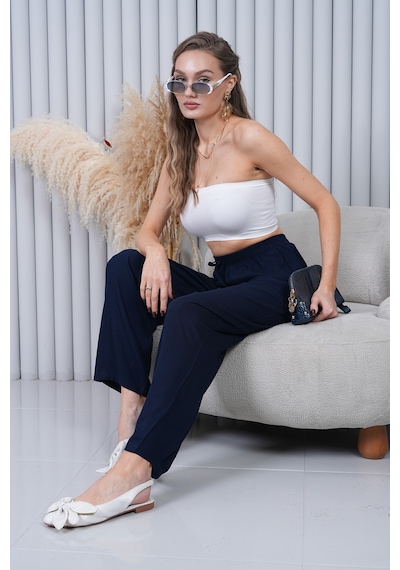 Polologin Butik Beli Bağcıklı Yüksek Bel Bol Paça Lacivert Pantolon Turkuaz