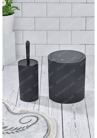 Yuvarlak Çöp Kovası & Yuvarlak Tuvalet Fırçası Seti Ikili Banyo Seti Siyah Siyah