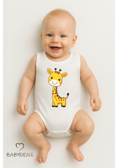 Babyden's %100 Pamuklu Hayvan Figürlü Kolsuz Çıtçıtlı Bebek Body Unisex Zıbın Zürafa Beyaz