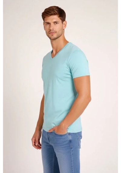 Veraura Lifestyle Erkek T-shirt V Yaka Slim Fit Dar Kesim Likralı Tişört Günlük Basic Body - Turkuvaz Turkuaz