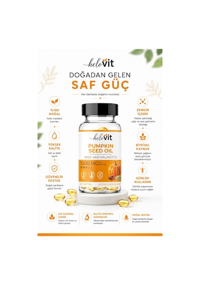 Helovit Pumpkin Seed Oil Softjel 1500 Mg & Saw Palmetto İçeren 2-in-1 Erkek Sağlığı Ve Doğal Destek 30 Softjel