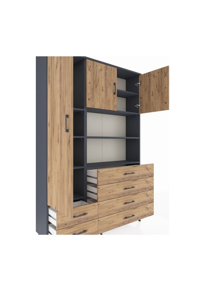 Arges Dolap 8 Raflı 6 Çekmeceli 3 Kapaklı 132x30x195 Antrasit-çam/çam Atlas Çam/atlas Çam