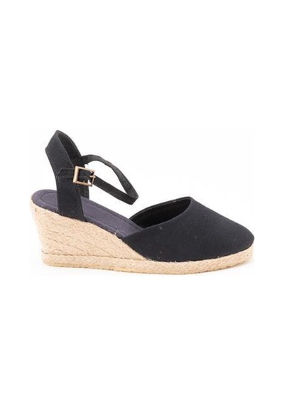Star Tombis Gerçek Elişi Topuğu Açık Bilekten Bantlı Dolgu Topuk Siyah Keten Hasır Espadril Handmade Siyah