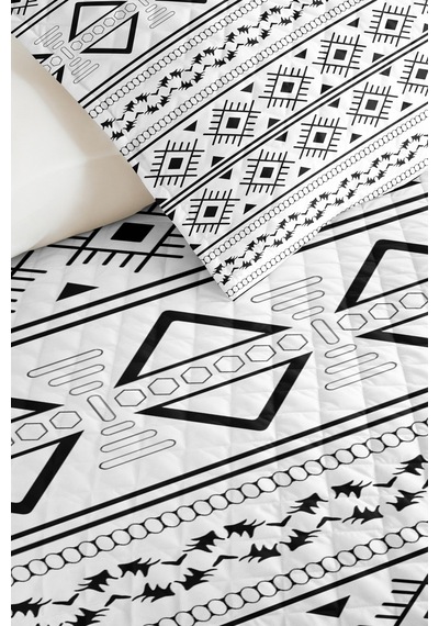 Siyah Geometrik Genç Odası Tek Kişilik Pike Takımı - Modern Etnik 160x220 Cm Kapitone Yatak Örtüsü Mumlu Adaçayı Uyumu