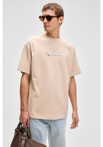 Grimelange MANOL Erkek Bisiklet Yaka %100 Organik Pamuklu Oversize Fit Bej T-Shirt
