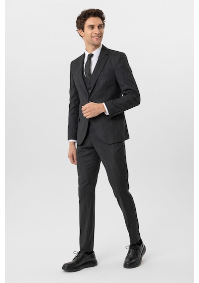 Süvari Siyah Slim Fit Desenli Mono Yaka 6 Drop Yelekli Klasik Takım Elbise-35634 Siyah