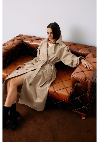 Sateen Kuşaklı Uzun Trenç - Bej-135231 Bej