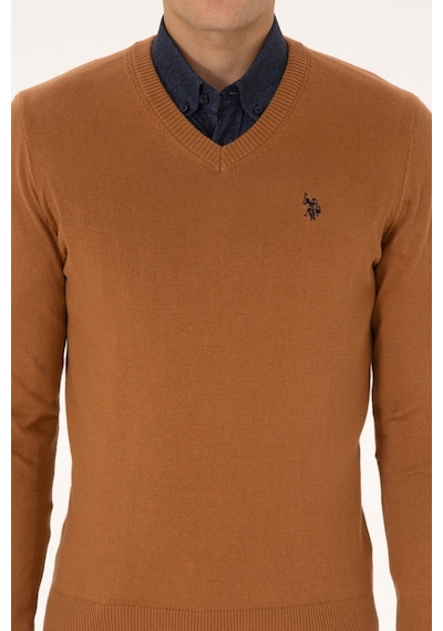 U.S. Polo Assn. Erkek Slim Fit V Yaka Camel Basic Triko Kazak 50313662-VR233