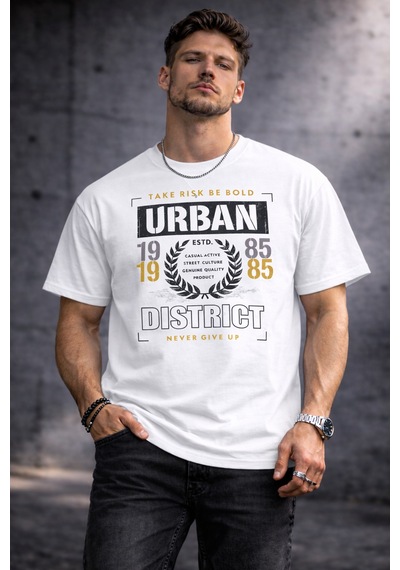Herkesemoda Dıstrict Yazı Detaylı Basic T-shirt Beyaz