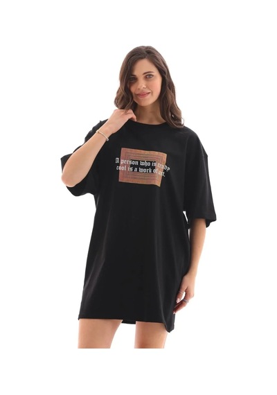 Kadın Baskılı T-shirt Kısa Kol Bisiklet Yaka Oversize Rahat Kalıp Tişört - Siyah