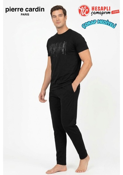 Pierre Cardin Paris Premium Erkek Bisiklet Yaka Pamuklu Penye Kısa Kollu Pijama Takım Siyah