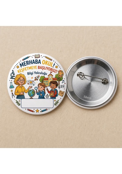 Fikart Merhaba Okul - Bilgi Yolculuğu Mini - Okul Ve Öğrenci Temalı 58mm İğneli Metal Buton Rozet Çok Renkli
