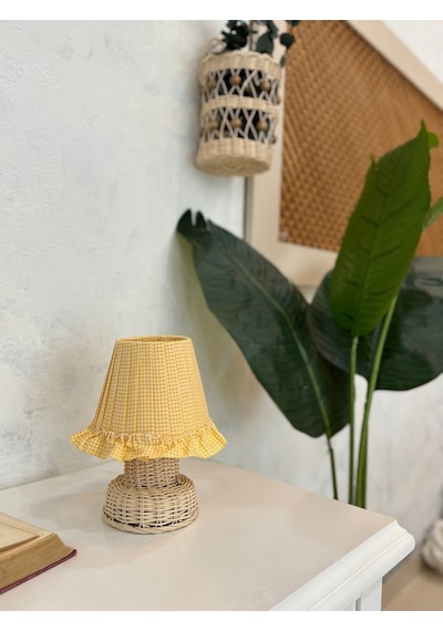 Sarı Pötikare Desen Kumaş Rattan Ayaklı Kablosuz Gece Masa Lambası