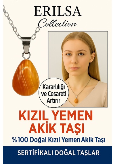Erilsa Sertifikalı Damla Model Kızıl Yemen Akiği Kolye Sabır, Koruma V Çok Renkli