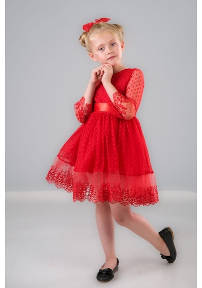 Mnk Baby & Kids Dream Luxury Dantel Kız Çocuk Elbise Mnk0327 Kırmızı