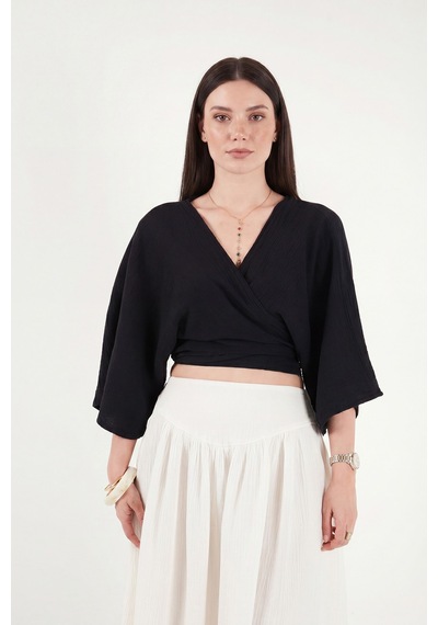 Lela Pamuklu Regular Fit Bağlamalı Crop Kimono Bayan Kimono 668yl2783 Siyah