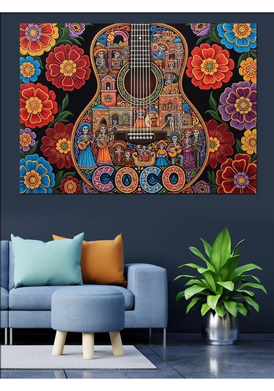 Renkli Desenli Soyut Mandalalar Ve Klasik Gitar Dekoratif Kanvas - Mdf Ahşap Tablo