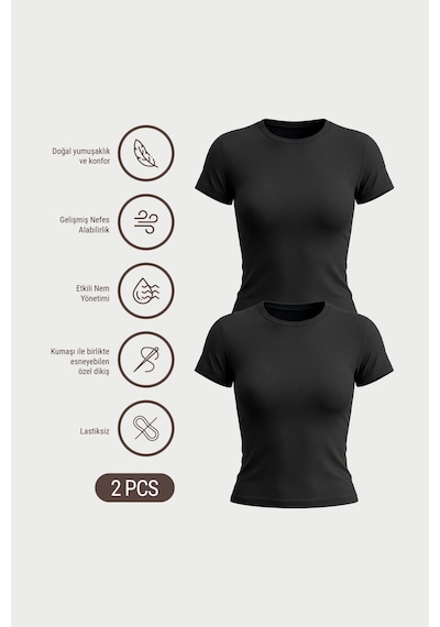 Auw Kadın Bisiklet Yaka Pamuklu Modal T-shirt 2'li - Softfit Siyah - Siyah