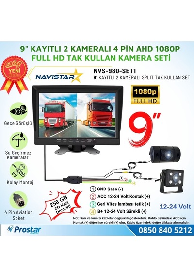 9 İnç Geniş Ekran Kayıtlı 1080p Full Hd 2 Kameralı Araç Güvenlik Ve Geri Görüş Seti 12-24v