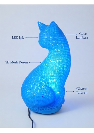 Dekoratif Kedi Figürlü Gece Lambası 3d Yazıcı Baskı Hediyelik Masa Lambası Aydınlatma 23cm Mavi