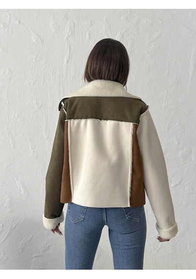 Verymoda Süet Tavşan Tüyü Lamine Mont F1988 Krem Haki Taba