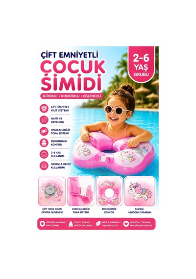Toyflyer Unicorn Çocuk Yüzme Simidi Çift Tokalı Ayarlanabilir Pembe 2-6 Yaş Ar008