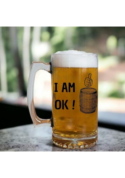 I Am Ok Tasarımlı Arjantin Bira Bardağı Kulplu Bardak Renkli