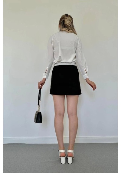 Defymoda Siyah Kemeri Bilyeli Mini Etek Siyah