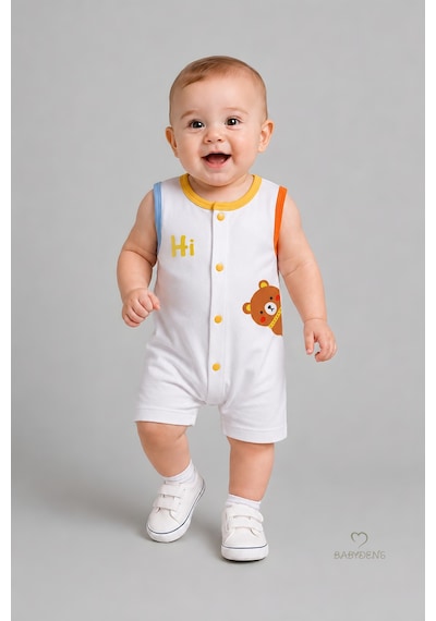 Babyden's Erkek Bebek Tulum Yazlık Pamuklu Şortlu Çıtçıtlı Ayıcık Baskılı Bebek Tulumu Yenidoğan Bebek Giyim 0-9 Ay Beyaz