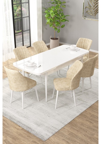 Arel Beyaz 80x132 Açılabilir Mdf Masa Yemek Odası Takımı, Mutfak Takımı 6 Adet Sandalye Beyaz Masa - 6 Krem - Beyaz Ayak Arel Beyaz 80x132 Açılabilir Mdf Masa Yemek Odası Takımı, Mutfak Takımı 6 Adet Sandalye Beyaz Masa - 6 Krem - Beyaz Ayak