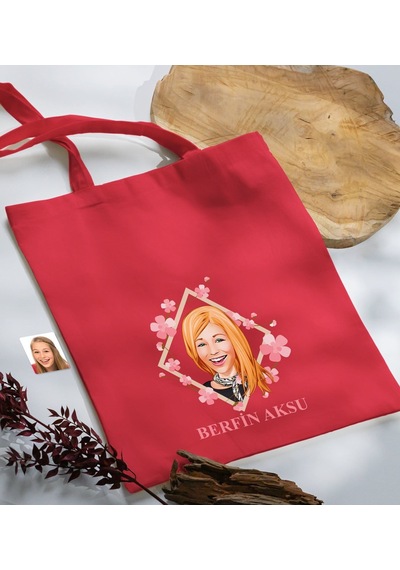 Bk Gift Kişiye Özel Anneler Günü Karikatürlü Kırmızı Kumaş Bez Çanta, Baskılı Omuz Çantası, Alışveriş Çantası, Anneye Hediye-4