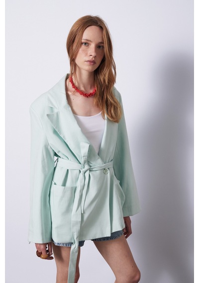 Keten Karışımlı Kuşaklı Blazer Ceket Mint