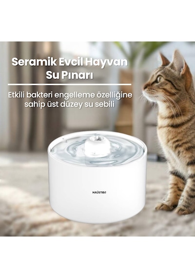 Haustier Wf013 Seramik Otomatik Kedi Su Sebili,kedi Su Pınarı, 2lt Hazne,çok Katmanlı Filtrasyon,ultra Sessiz