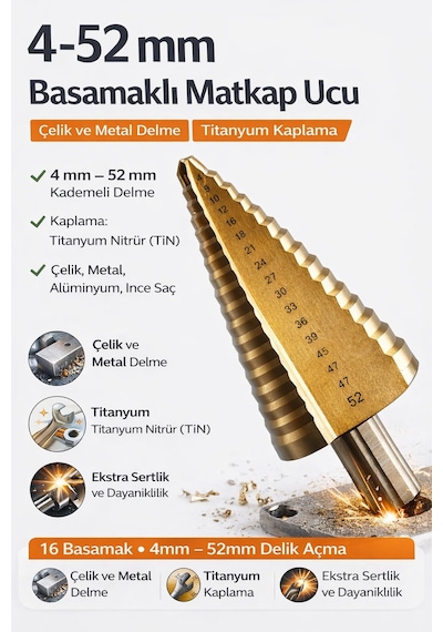 Senbang 4 52 Mm Basamaklı Matkap Ucu Titanyum Kaplama Çelik & Metal Delme Kademeli Delik Açma