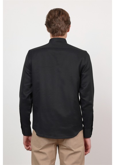 İmza Siyah Düğmeli Yaka Uzun Kol Cepsiz Slim Fit Pamuklu Gömlek 1004260203