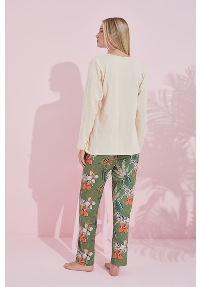 Siyah İnci Pamuklu Örme Pijama Takım 24240175 Krem