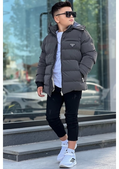 Pina Kids Erkek Çocuk Çıkarılabilir Kapüşonlu Su Geçirmez Nova Kışlık Mont Km4012 Füme