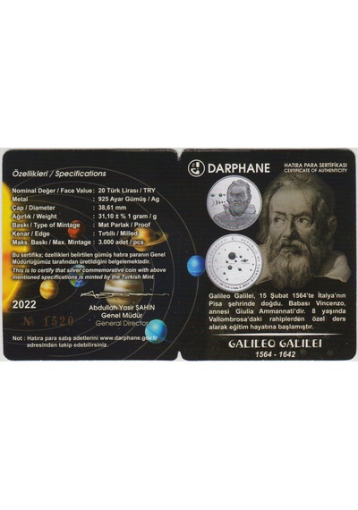 Galileo Galilei 20 Lira 2022 Gümüş Hatıra. Seri Nolu Sertifikalı-kapsülünde 31,1 Gr Proof Çil.